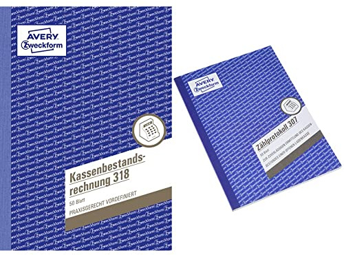 AVERY Zweckform 318 Kassenbestandsrechnung, weiß, 1 Stück & 307 Zählprotokoll für offene Ladenkassen (A5, von Steuerberatern empfohlen, mit Ausfüllhilfe, für Deutschland zur einfachen, 50 Blatt) weiß