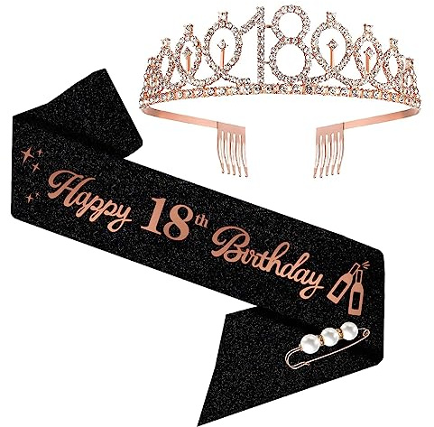 18. Geburtstags Tiara, Happy 18th Birthday Geburtstags-Krone Schärpe Set | Gold 18 Geburtstag Deko, 18. Geburtstag Mädchen, Alles Gute zum 18. Geburtstagsgeschenk, Partyzubehör
