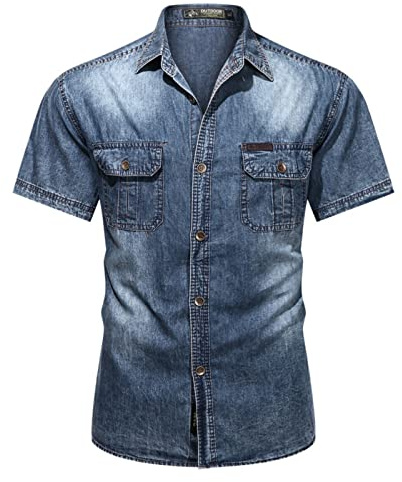 WINDEHAO Hombres Manga Corta Camisa Mezclilla Verano Casual Button Down Camisa Mediana Edad Camisa Joven (XXXL,Azul)