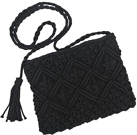 oukesin Kleine Umhängetasche aus Baumwolle für Damen Makramee handgefertigt mit Quaste Sommerstrand,041Schwarz