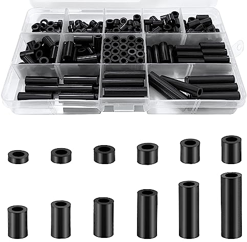 KWOKWEI 250 Stück Runde Abstandshalter, Kunststoff Distanzhülsen ID 3MM OD 7MM, Schwarz Nylon Unterlegscheiben ohne Gewinde, 3mm bis 12mm Länge Isolierung Beilagscheiben für Schrauben M3