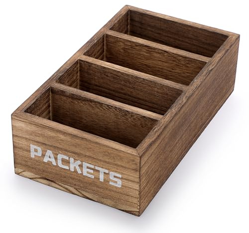 BSTKEY Wooden Divided Seasoning Packet Organizer with 4 Compartments | Vintage Food Packet Storage Organizer Kitchen Spice Packet Holder Coffee Pod Storage with 'PACKETS' Inscription