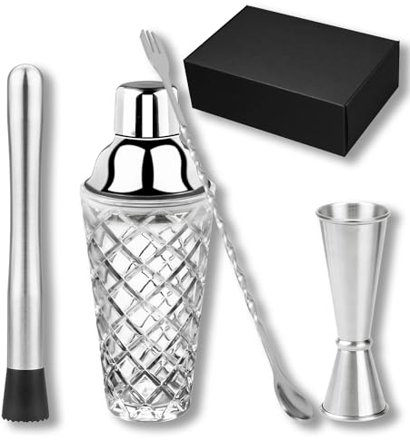 Gbuxska Silberfarbener Glas-Martini-Shaker mit Sieb, Messbecher, Rührlöffel und Stößel, 403 ml, perfekt für Cocktails und Protein-Shakes
