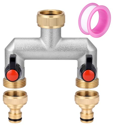 Zocipro 2-Wege Wasserhahn Wasserverteiler aus Messing, für 2 Geräte/Gartenschläuche, 2 Wege Verteiler Wasser 3/4 zoll mit Kugelhahn zum Einstellen und Absperren des Wasserflusses