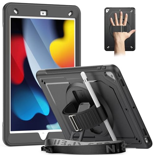 Timecity Case for iPad 9th 8th 7th Generation 10.2 inch 2021/2020/ 2019 | Shockproof Case with Screen Protector, Stand/360 Rotating Hand Strap,Pencil Holder,Heavy Duty Cover for iPad 10.2 inch, Black