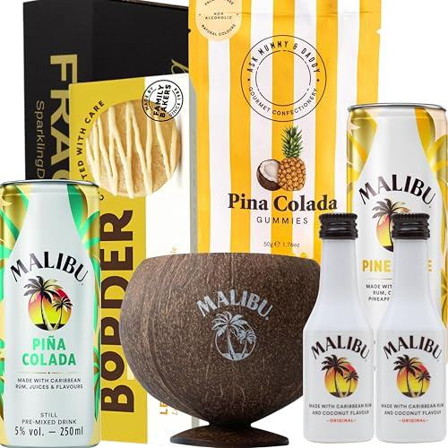 Malibu Rum Gift Set - Includes Miniature Bottles, Coconut Cup, Malibu & Pineapple Can, Pina Colada Pre-Mixed, Gummies & Biscuits - Exotic Cocktail Kit in Elegant Black Box