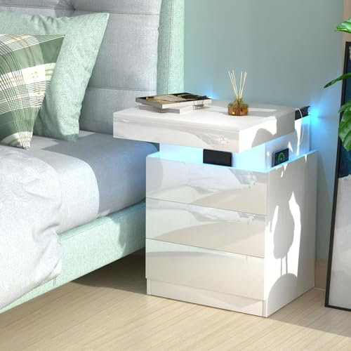 nwixbqoqn Table de Chevet LED avec 16 Couleurs LED Réglable, 3 Tiroirs, Table de Nuit avec Prise et Port USB, Table d'appoint pour Chambre à Coucher, Salon, 45x40x67cm, Blanc