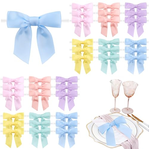 Dooozy 36 Stück 3.5 Satin Schleife, Mini Geschenkschleifen aus Vorgebunden Schleifen Satinband für Geschenk DIY Keks Bonbontüten Weihnachtsbaum Hochzeitsdeko(Macaron Farbe)