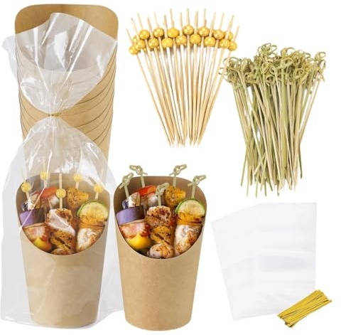 Qutalmi Coppe per salumi individuali,Coppe per salumi con bastoncini - Tazze snack da 14 once con bastoncini, sacchetti - Segnalini per alimenti, stuzzicadenti per cocktail, coppette da dessert per