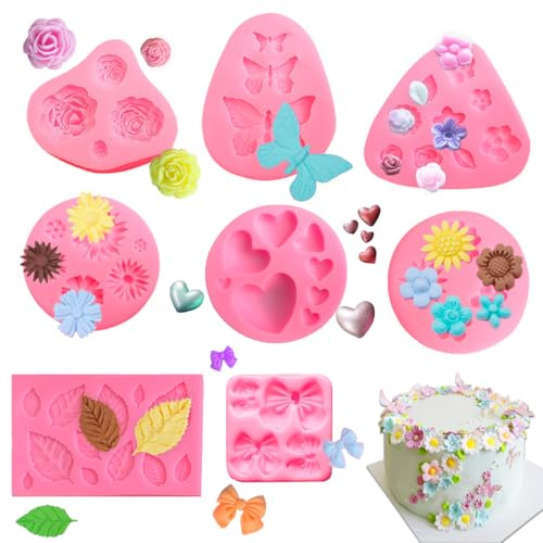 WWYSSZ 8 Stück Silikonform Blumen Klein, 3D Fondant Formen Silikon | Blumen Rose Schmetterling Blätter Herzförmiges Bow Silikon Fondant Formen für Fudge, Schokolade, Dessertdekoration, Süßigkeit