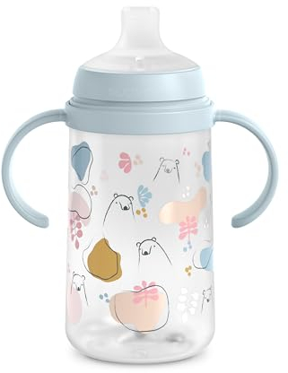 Suavinex, Flasche mit Griffen, Baby-Lerntasse mit weichem Silikon-Trinkschnabel, Anti-Kolik-System, Kinder-Trinkflasche mit Griffen, auslaufsicher, spülmaschinenfest, +6 Monate, 270 ml, Bears Blau
