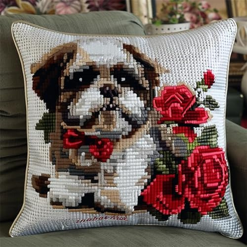 Kitquiver Latch Hook Kits for Adults Cushion Covers Dog Latch Hook Kits for Adults 17X17Inch with Preprinted Pattern Needlework Embroidery Set DIY Handmade Crochet Craft Kit for Sofa Home Decor