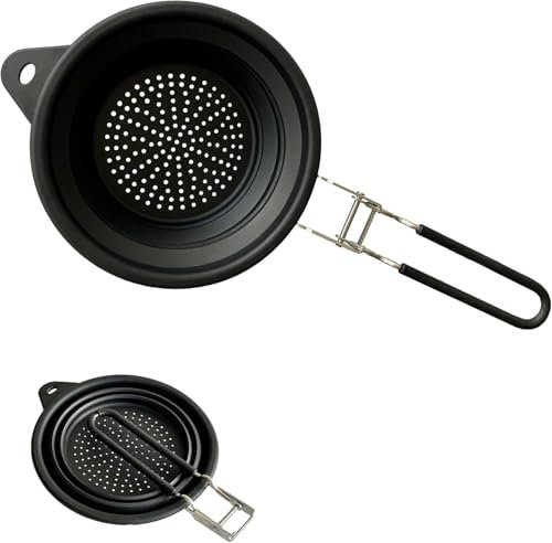 Scolapasta pieghevole in silicone con manico, colino in silicone per la casa/camper, scolapasta per il drenaggio di cibo, verdure, frutta (nero)