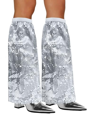 Xerteam Pailletten-Stulpen, 70er Abba Kostüm Disco Outfit Damen, 1 Paar Sequin Leg Boot Covers, Glitzer Kostüm für Karneval, Mottoparty - Silber