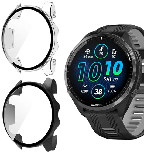 ZoRoll fodral kompatibelt med Forerunner 965, [2 stycken] runt skyddshölje med glasfolie, komplett täckning 9H hårdhet PC skydd hölje för Garmin Forerunner 965 – transparent svart
