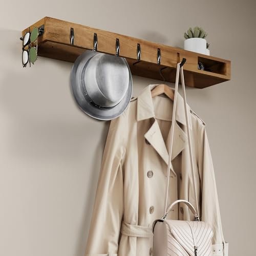 Meisterhölzer Wandgarderobe – 4in1 Garderobe mit Ablage, Kleiderhaken, Brillenhalter & Kleiderstangen – 100cm lange Garderobenleiste aus Holz - Modern & Platzsparend für Flur, Diele & Schlafzimmer