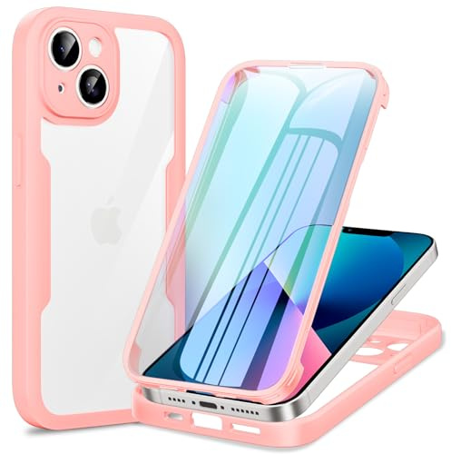 Phoona 360 degrés Coque pour iPhone 13 avec Transparent Protection d'écran, Silicone Antichoc écran Coque, Anti-Rayures Intégrale Étui Housse pour iPhone 13, Rose