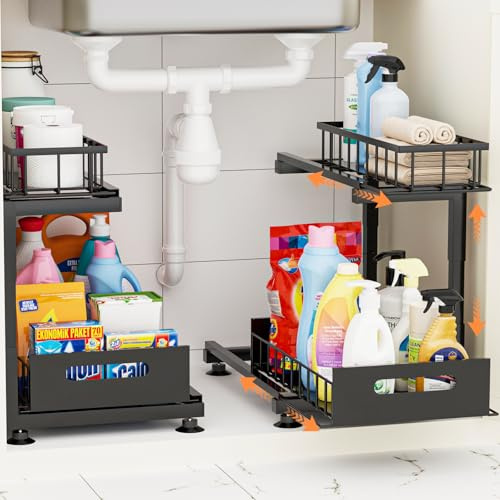 Toyear Under Sink Organizer, Heavy Duty Metal Pull Out Cabinet Organizer Slide Out Sink Shelf Organizer Height Adjustable, Multi-Purpose Storage Shelf for Kitchen Bathroom(Black,2Pack)