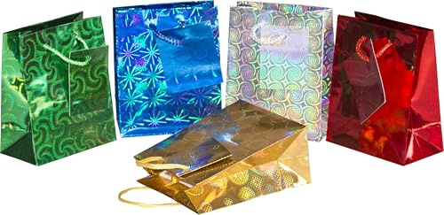 HEKU bunte Geschenktaschen mit Hologramm-Beschichtung, 10 Stück I 5 Farben (rot, silber, dunkelgrün, gold, dunkelblau), 13,5x11x6 cm I Umweltfreundlich & Wiederverwendbar