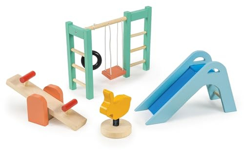 Mentari Jouets – Ensemble d'aire de jeux – Équipement d'aire de jeu en bois pour maison de poupée – Pièces interactives pour le petit monde – Encourage la motricité fine et le jeu imaginatif chez les