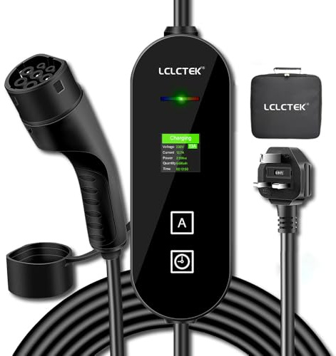LCLCTEK® 3KW EV Charger Cable Type 2 to 3 Pin Plug,Portable UK 3 Pin EV Charger,Electric Car Charger [6/8/10/13A],EV Car Charger with LED Display,IP65 Waterproof,Type 2 Cable EVs and PHEV (8m)