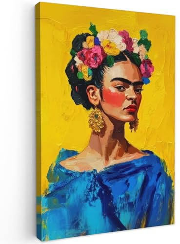 MuchoWow© Wandbilder Schlafzimmer Home Deko Wohnung Bild Wohnzimmer | 60x90 cm - Fotoleinwand Wand Bilder Leinwand Wall Decor Frida Kahlo - Frau - Gelb - Blau - Blumen