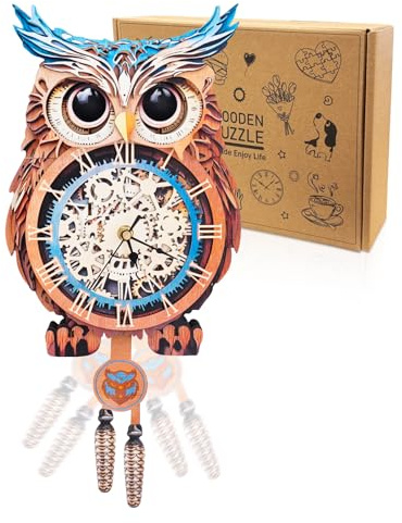 Cutywood 3D Wooden Puzzles for Adults, Owl Clock (8.2 * 16.9in) | Owl Wood Puzzle Clocks with Functional Timepiece, 3D Wooden Model Kits for Adults, Gifts for Friends, Night Family Games