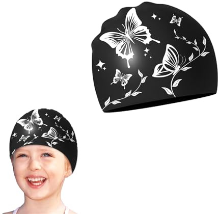 NiCola Swimming Cap for Women, Pink Butterfly Teenage Girls Swimming Hat, Waterproof Silicone Swim Cap for Women Teenage Girls Long Hair (Black)
