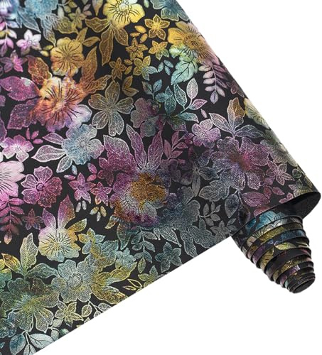 Kunstleder Stoff Rolle 41 x 137 cm - Bastelglänzendes Blumenmuster aus Synthetischem Leder für Schleifenohrringe, Handtaschen, Geldbörsen (Schwarz)