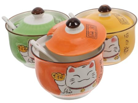 MAGICLULU 3piezas Frascos De Especias De Cocina Tarros De Cerámica Con Forma De Gato Suerte Para Almacenamiento De Condimentos Cocina Incluye Tapas y Cucharas Para Servir