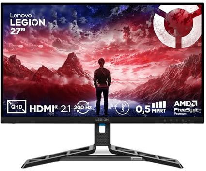 Lenovo Legion R27qe Gen2 - Écran Gaming 27'' (QHD, IPS, 200 Hz, 0.5 ms, HDMI+DP, Câble DP, AMD FreeSync Premium) Réglage en Inclinaison - Noir