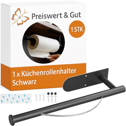 Küchenrollenhalter ohne Bohren Abroll-Bremse Premium für XXL Küchenrollen | Ersatz M3 Klebepad - Befestigungsmaterial Wand - ca. 31x4cm - Rostfreiheit - Schwarz