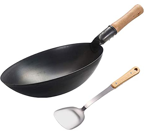 Sartén wok antiadherente, woks y sartenes para saltear, sartén wok de hierro fundido para cocina china, japonesa y cantonesa, wok duradero de acero inoxidable con pala de hierro, sin aspas, 36 cm/14