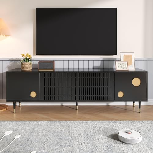 FammyLoft 170cm TV Lowboard mit 2 Gitterstruktur Türen, TV Schrank mit 2 Türen aus Massivholz, Fernseher Schrank für Wohnzimmer, TV-Tisch, TV-Ständer, Schwarz