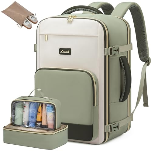 LOVEVOOK Handgepäck Rucksack, 17.3 Zoll Rucksack Handgepäck Flugzeug | Groß Reiserucksack Damen Spritzwasserfest, 40L Travel Backpack, Reise und Business, Urlaub Must Haves - Teegrün Beige