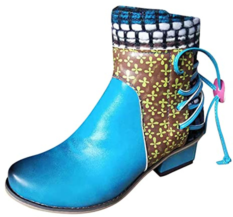 Bottines pour femme - Style ethnique bohème - Élégantes bottes d'hiver à talon bloc bas - Bottes d'équitation traditionnelles à bout rond - Chaussures courtes antidérapantes - Fermeture éclair