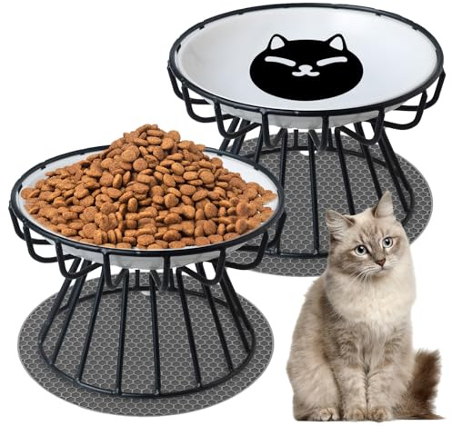 2 Stück Erhöhter Futternapf Katze - Katzennapf Erhöht 10 cm mit Erhöht Ständer Metallhalter Base Haustiere, Weiß Fressnapf Katzen mit 2pcs Napfunterlage Silikon, Katzenschüssel für Katzen und Welpen