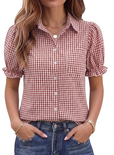 LOMON Plaid Cotton Linen Shirts for Women Puff Sleeve Button Down Summer Casual Checkered Blouses Collared Tops