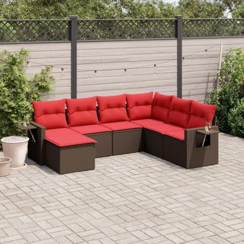 Bucmath 7-teiliges Gartensofa-Set, braunes Polyrattan Lounge Möbel mit Kissen, klappbare Beistelltische, UV-beständig, modular für Terrasse, Balkon