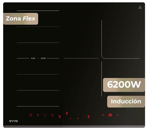 EVVO Induktionshäll V62 - Induktionshäll, 4 zoner, flexibel zon, 7200W, Booster, pekkontroll, 9 nivåer, barnlås, timer, automatisk avstängning, svart glas
