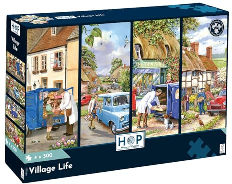 The House of Puzzles Village Life 4 x 500 Piece Jigsaws | British Countryside & Community Theme, Artist Illustrated, Nostalgic Village Scenes, Deluxe Puzzle Gift for Adults