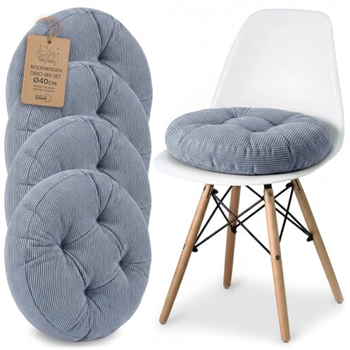 Sitzkissen Rundes Sitzpolster 4er Set 40 cm aus Cord waschbar – Stuhlkissen & Bodenkissen Sitzpolster Stuhlauflage für Esszimmer Wohnzimmer Küche Sitzbank & Hocker Jeansfarbe