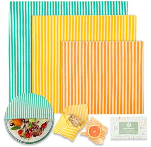 Beeswax Wraps for Food Set of 3 | Reusable Beeswax Food Wraps | Eco-Friendly Cheese Sandwich Bread Bowl Cover | Plastic-Free Organic, Sustainable, Biodegradable, Zero Waste Food Storage