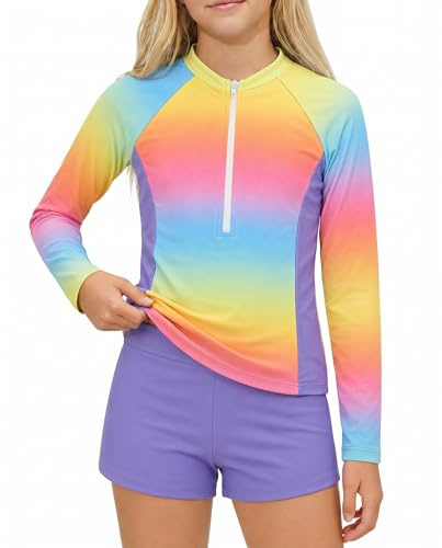 JiAmy Girls Rash Guard Padded Bras, Long Sleeve Girl Swimming Costume Two Pieces Swimwear Swimsuit Multicolor 11-12 Years