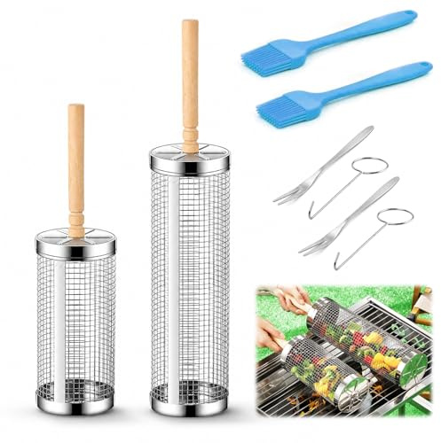 2 stycken rullande grillkorg-set, BBQ grillkorg grönsaker, cylindrisk roterande grillkorg i rostfritt stål med avtagbart trähandtag, gaffel och borste, perfekt för utomhusgrillning