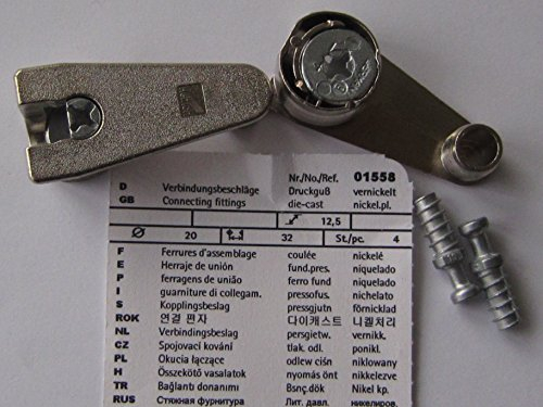 Hettich Verbindungsbeschläge ø 20 mm x 32 x 12,5 mm, Druckguß vernickelt, 4 Stück, 1558
