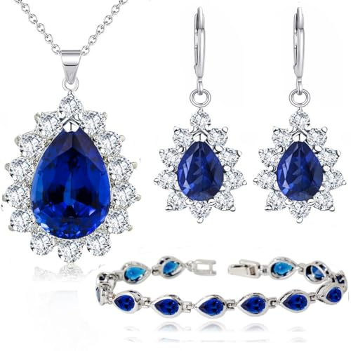 Crystalline Azuria Tropfenform 18 kt Vergoldet Blauer simulierter Saphir Zirkonia Kristalle Schmuck-Set Halskette Ohrringe Armband