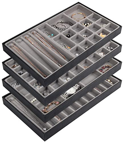JACKCUBE DESIGN Stapelbar Kunstleder Schmuck Tablett Ohrring Halskette Armband Ring Organisator Display Aufbewahrungsbox (Set aus 4 Teilen, schwarz, je 41 x 24,3 x 4 cm) - : MK212-1ABCD