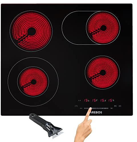 Arebos plaque de cuisson vitrocéramique | 6600 W | 4 foyers | 59 cm | autarcique | Table de cuisson électrique | avec Sensor Touch | sécurité enfants | protection contre la surchauffe