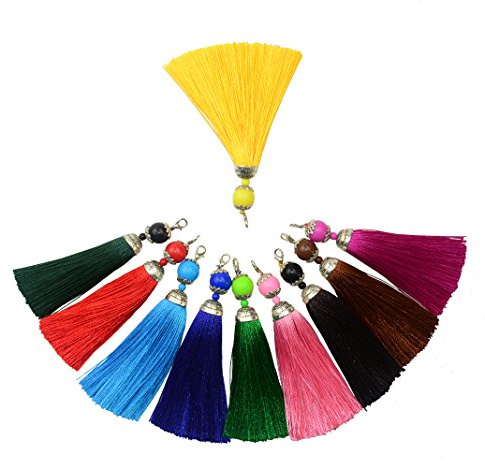 Makhry 10 Stücke 4.5 Zoll Handgemachte Seidige Floss Karabinerverschluss Quaste Schlüsselanhänger Perlen Lesezeichen Quaste Anhänger für DIY Handwerk Schmuck Frauen Ohrring(Gemischt, kurz) | Handgefertigter seidiger Quastenanhänger mit Perlen, verwendet für Bastelprojekte
